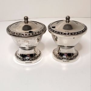 Two Ianthe Silverplate Vintage Mustard Pots w Blue Inserts Floral Design England